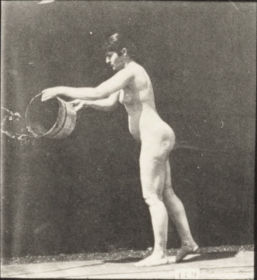 Plate 526 A: Lifting a ball. B: Emptying a bucket of water. C: Kicking above her head. D: Striking with a stick. E: Stumbling. F: Lifting a 50 lb. dumbbell. — figure reference